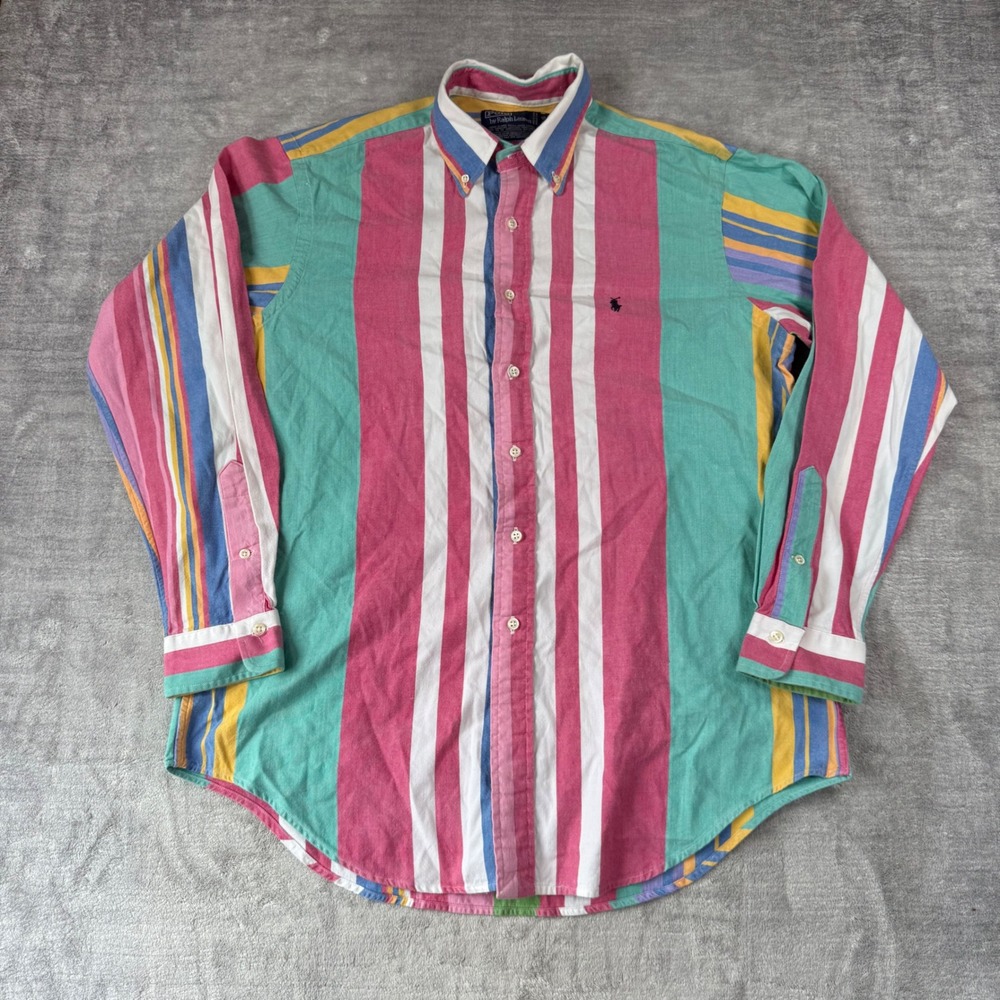 VTG Polo Ralph Lauren Shirt Men Large Pink Striped Button Down Hand Woven Cotton